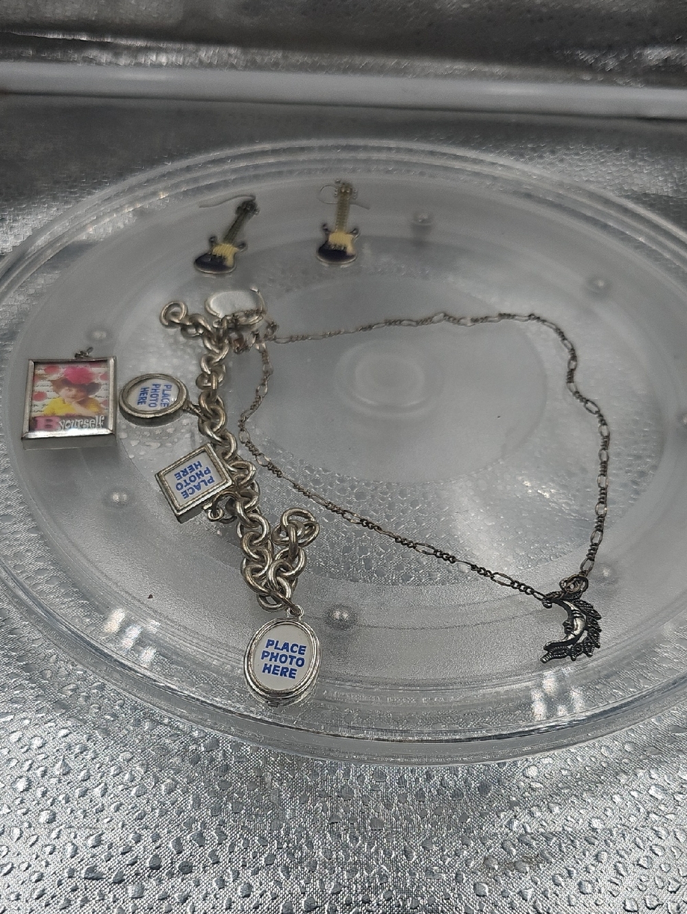 Purple Guitar Earrings Photo Charm bracelet & Cresent Moon Necklace